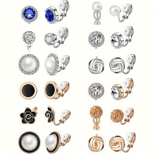 12 Pairs Clip On Earring Set Flowers Zircon Faux Pearl Decor Ear Clip Without Ear Holes, No Piercing, Geometric Shaped Earring Jewelry Set For Women