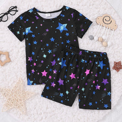 Starry Night Toddler Girls 2-Piece Pajama Set: Crew Neck, Short Sleeve Top with Matching Short Pants – Comfy Casual Loungewear