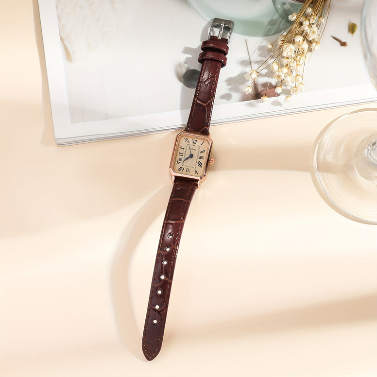 Rome Fashion Analog Retro PU Leather Wrist Watch for Women - Casual Rectangle Pointer Quartz Watch