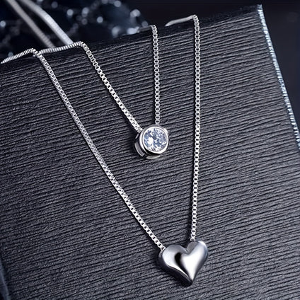 925 Sterling Silver Exquisite Heart & Round Shape Zircon Double Layer Chain Necklace Fine Jewelry Ladies Accessories