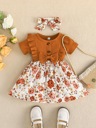 Adorable Baby Girls Casual Ruffle Short Sleeve Floral Dress with Headband Set