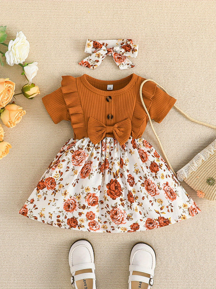 Adorable Baby Girls Casual Ruffle Short Sleeve Floral Dress with Headband Set