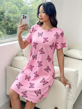 Butterfly Print Crew Neck Dress, Casual Short Sleeve Dress For Spring & Summer, Women's Clothing