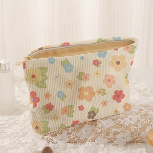 Flower Pattern Corduroy Makeup Bag, Lightweight Toiletries Organizer Versatile Travel Bag, Great Birthday Gift For Women Girls - Mother's Day Gifts