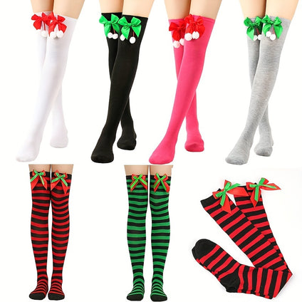 1pair, Exquisite Adorable Pure Colors & Striped Stockings, Christmas Socks With Bows, Over Knees Long Stockings For Teens Girls, Halloween Christmas Cosplay Costume Props, Party Play Decors Photography Props, Stage Performance Accessories