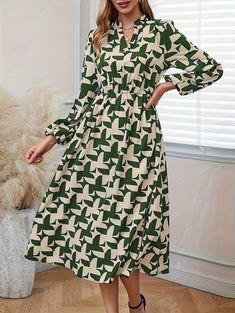 Allover Print Notch Neck Dress, Casual Long Sleeve Dress For Spring & Fall, Women's Clothing