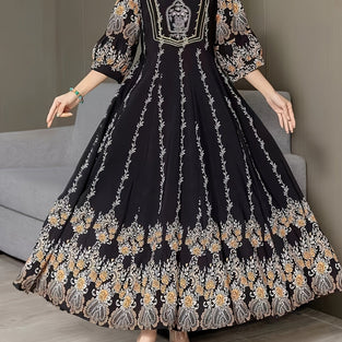 Boho Embroidered Notch Neck Dress, Vintage Long Sleeve Dress For Spring & Fall, Women's Clothing