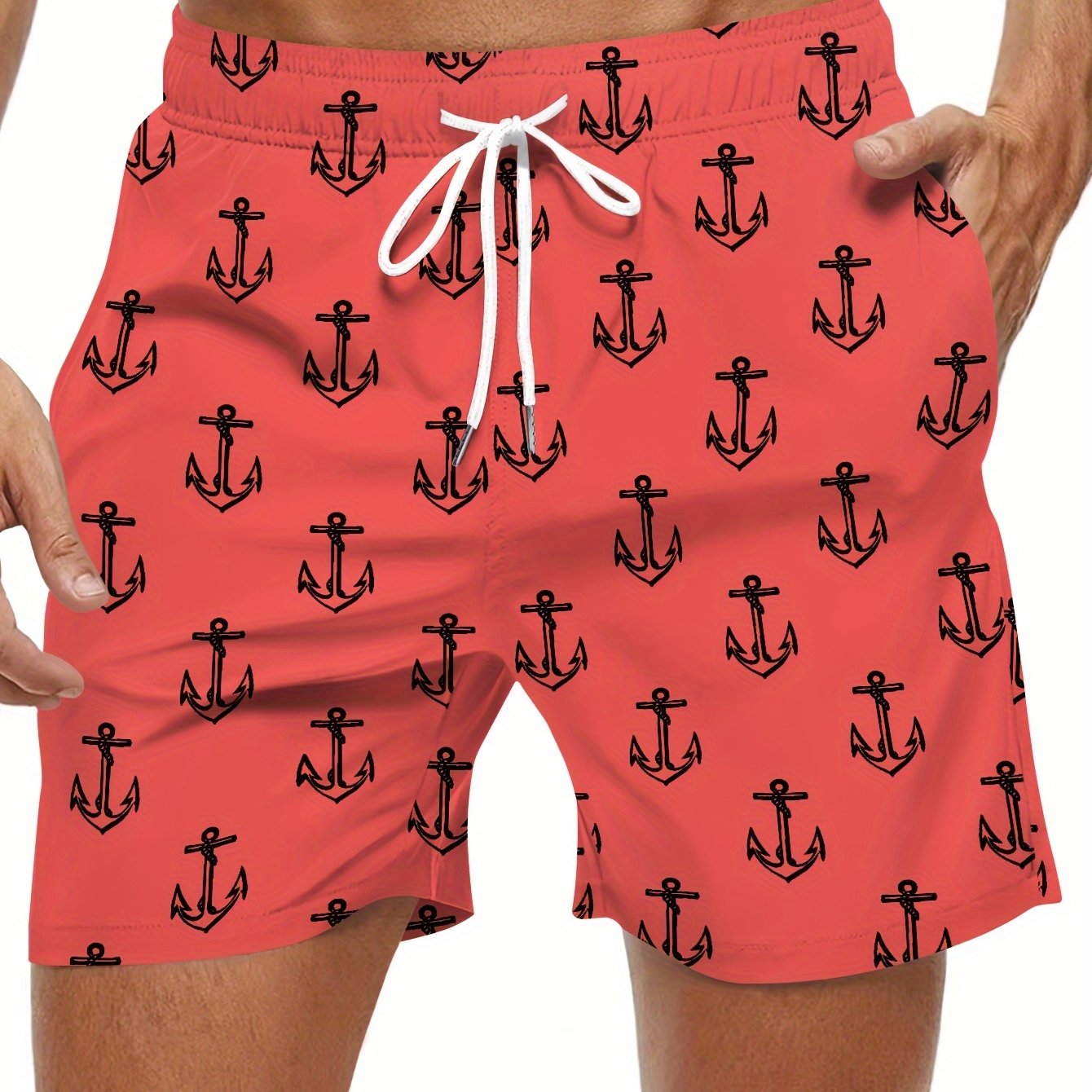 Men's Trendy Hawaiian Anchor Print Swim Shorts for Summer Fun