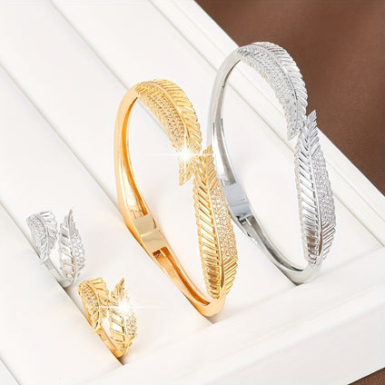 1 Pc Bracelet +1 Pc Ring With Metal Leaf Design Copper Jewelry Tiny Zircon Inlaid Elegant Simple Style For Women Summer Daily Accessories