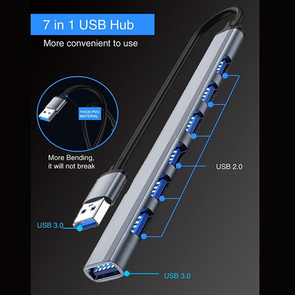 موزع USB 3.0 بـ 7 منافذ هيكل من سبائك الألومنيوم موزع متعدد لأجهزة اللابتوب والأجهزة اللوحية وأجهزة الكمبيوتر