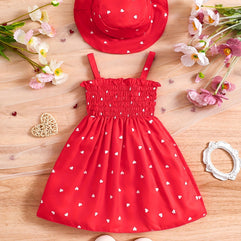 Retro Heart Pattern Sleeveless Dress & Hat Set for Baby Girls - Perfect Summer and Spring Gift!