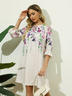 Floral Print Crew Neck Dress, Elegant Half Sleeve Dress For Spring & Summer, Women's Clothing