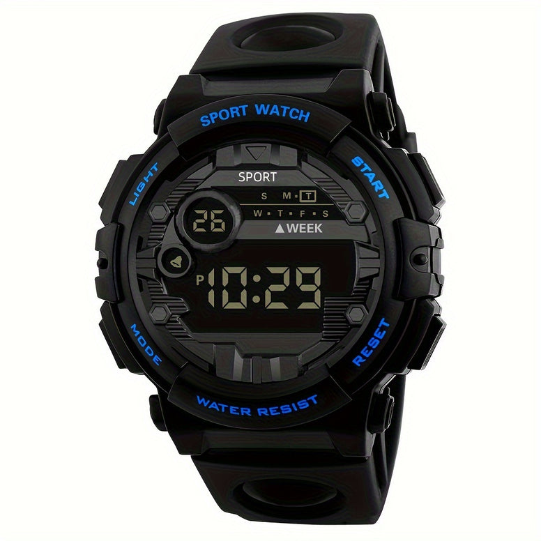 Sporty Digital Watch: Alarm, Calendar, 12/24 Hour Display, Water-Resistant, Light-Up Feature