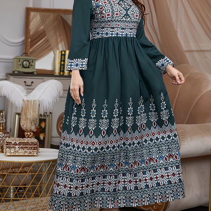 Ethnic Print Crew Neck Smocked Dress, Vintage Long Sleeve Aline Dress For Spring & Fall, Women's Clothing