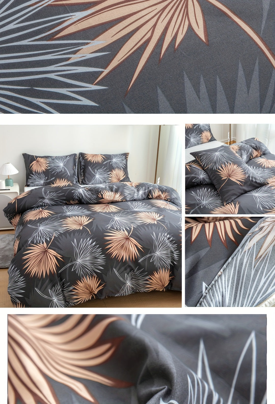 Elegant Dark Gray Leaf Duvet Cover Set