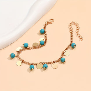 1 Pc Golden Chain With Imitation Turquoise Pendant Anklet Vintage Elegant Style Adjustable Female Foot Chain