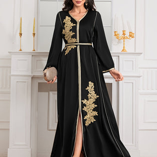 Ramadan Floral Pattern V Neck Kaftan Dress, Elegant Long Sleeve Belted Maxi Dress For Spring & Fall, Women's Clothing