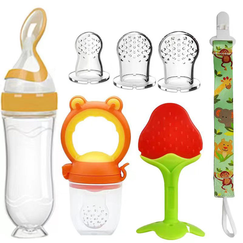 Clip Feeding Set 7 Piece Ergonomic Silicone Squeeze Feeder BPA Free Includes Milk and Water Bottle Convenient for Parents