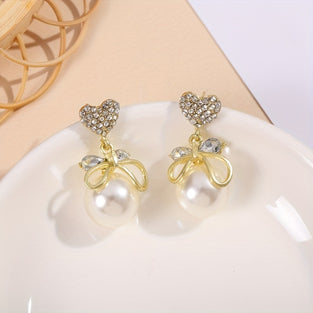 French Style Rhinestone  Faux Pearl Bow Earrings for Women