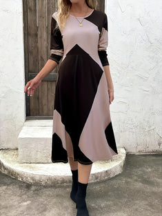 Color Block Long Sleeve Dress, Casual Crew Neck Midi Length Dress, Women's Clothing