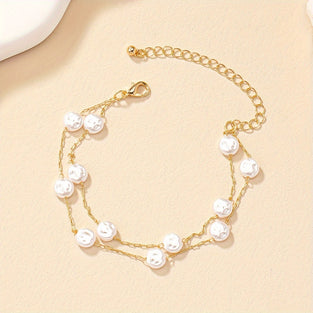 1 Pc Double Layer Imitation Pearl Design Bracelet Elegant Vintage Style Suitable For Women Adjustable Hand Decor