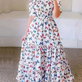 Butterfly Print Off Shoulder Shirred Dress, Vacation Short Sleeve Floor Length Big Swing Dress, Women's Clothing