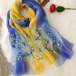 Elegant Plant Embroidered Silk Scarf Thin Breathable Sunscreen Shawl Women's Daily Wear Decorative Scarf