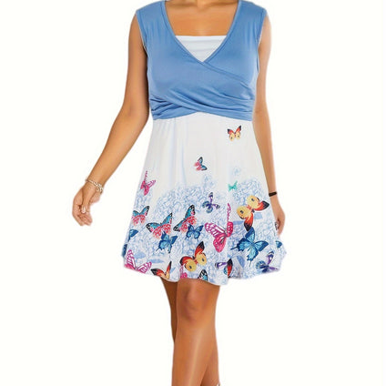 Butterfly Print Sleeveless Dress, Elegant V Neck Pleated Flared Summer Dress, Women's Clothing