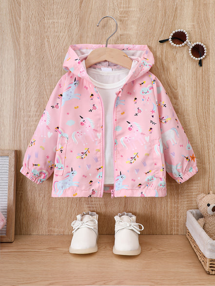 Adorable Cartoon Graphic Hooded Windbreaker