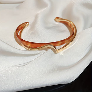 18K Gold Plated Wave Shape Cuff Bangle Inlaid Faux Pearl, Women's Minimalist Style Jewelry