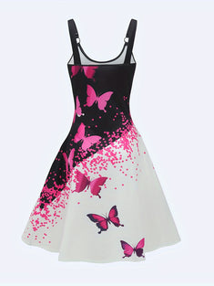 Butterfly Print Color Block Dress, Elegant Ring Linked Sleeveless Dress, Women's Clothing