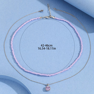 1pc Copper Fashion Minimalist Micro-Set Purple Zircon Square Pendant Necklace With 1pc Beaded Necklace Set Elegant For Women Versatile Daily Wear Jewelry Decorative Gift