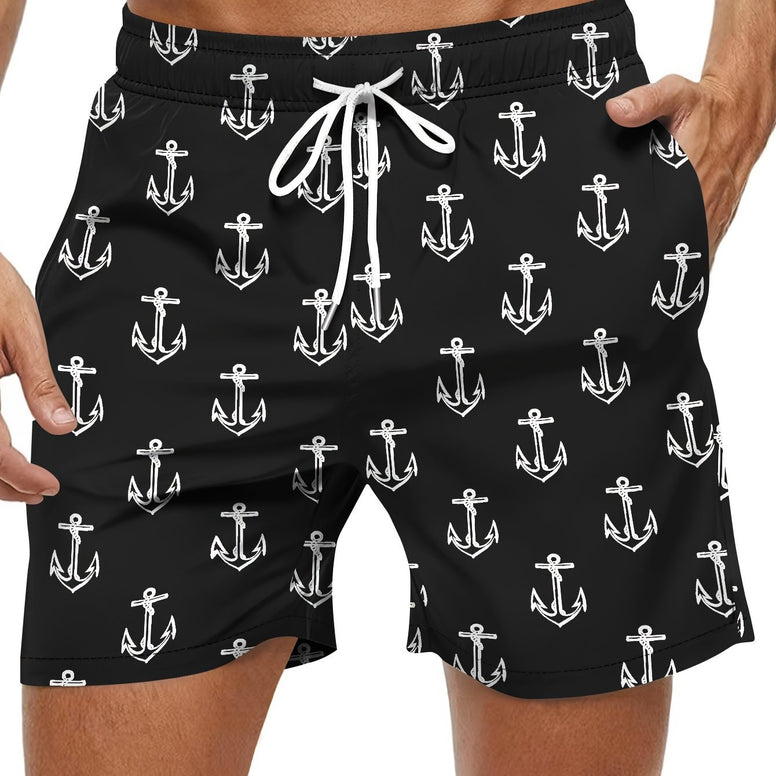 Men's Trendy Hawaiian Anchor Print Swim Shorts for Summer Fun