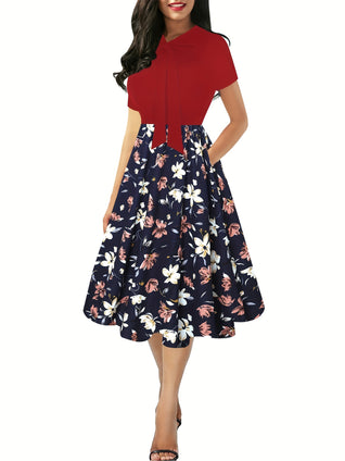 Floral Print Splicing Dress, Elegant Bow Tie Short Sleeve A Line Dress, Women's Clothing