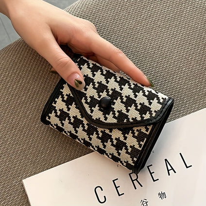 1pc Classic Style Women's Mini Zipper Coin Purse, Fashionable Handheld Clutch Short Wallet, Key And Card Holder With Houndstooth Pattern Design