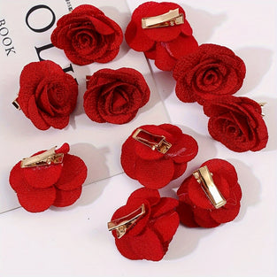 10PCS/Set Romantic Red Fabric Rose Flower Hair Clips Valentine's Day Party Wedding Dress Headwear