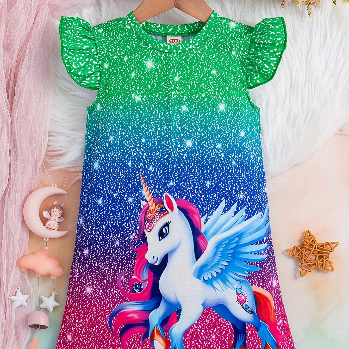 Sweet Girls Cartoon Princess Unicorn Graphic Flutter Trim Dress: Perfect for Summer Parties