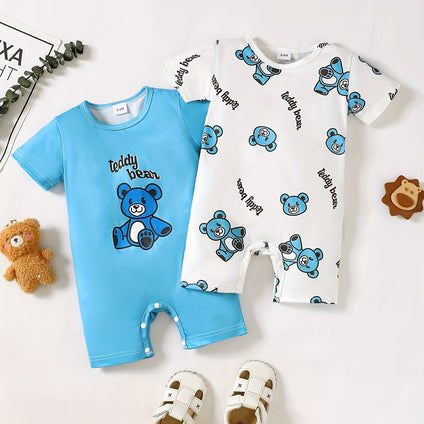 Cute Bear Graphic Print Short Sleeve Romper Set for Baby Boys and Girls