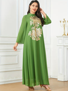 Ramadan Sequined Embroidered Mock Neck Modest Dress, Elegant Long Sleeve Ruffle Hem Maxi Dress, Women's Clothing