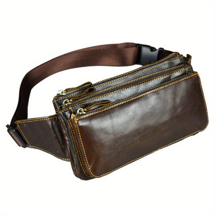 1pc Simple Brown Waist Bag, Vintage Genuine Leather Chest Bag, Multi Pocket Genuine Leather Men's Bumbag Belt Bag Slim Crossbody Bag