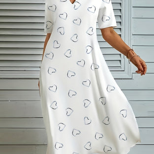 Heart Allover Print Notch Neck Dress, Casual Short Sleeve Dress For Summer & Spring, Women's Clothing