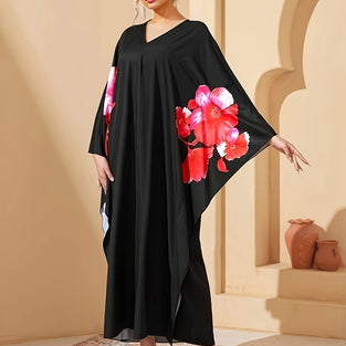 Ramadan Floral Print V Neck Kaftan, Elegant Batwing Sleeve Dress For Spring & Fall, Women's Clothing