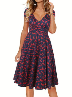 Floral Print Short Sleeve Dress, Casual Surplice Neck A-line Dress, Women's Clothing