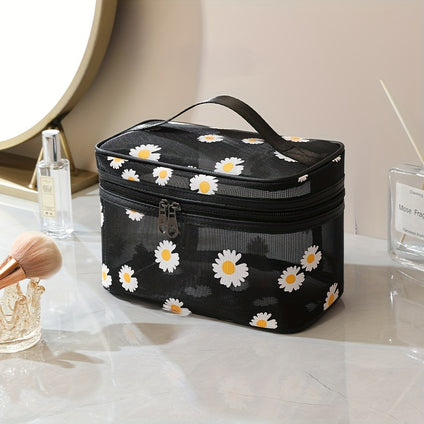 1pc Mesh Cosmetic Bag, Small Daisy Beach Toiletry Bag, Simple Travel Storage Bag, Going Out Portable Handbag