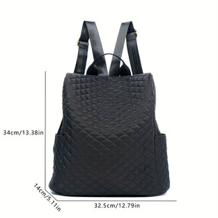 1pc Casual Backpack, Fashion Double Shoulder Bag, Waterproof Travel Bag Simple Black Argyle Quilted Backpack