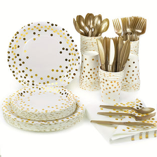 100pcs, Party Supplies, White And Golden Dot Paper Plates, Cups, Napkins, For Birthdays, Graduation, Wedding, Festivals, Mother's Day, Cocktail Party, 25sets For 25 Guests (Without Forks Knives Spoon)