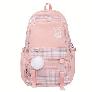 1pc Casual Multifunctional Backpack With Large Capacity For Women's Bag, Fashion Contrasting Color And Palid Pattern Bag With Cute Pompon