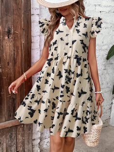 Butterfly Print V Neck Loose Dress, Casual Ruffle Sleeve Dress, Women's Clothing