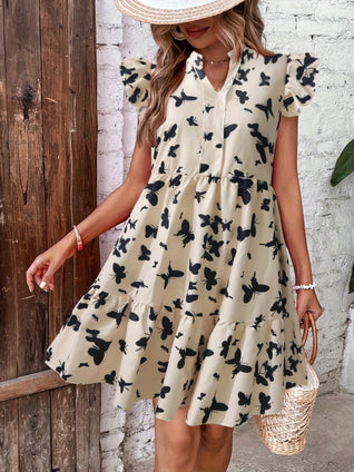 Butterfly Print V Neck Loose Dress, Casual Ruffle Sleeve Dress, Women's Clothing