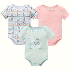 3pcs Baby's Unicorn-Themed Cotton Triangle Bodysuit Set: Comfy Short Sleeve Rompers for Everyday Wear